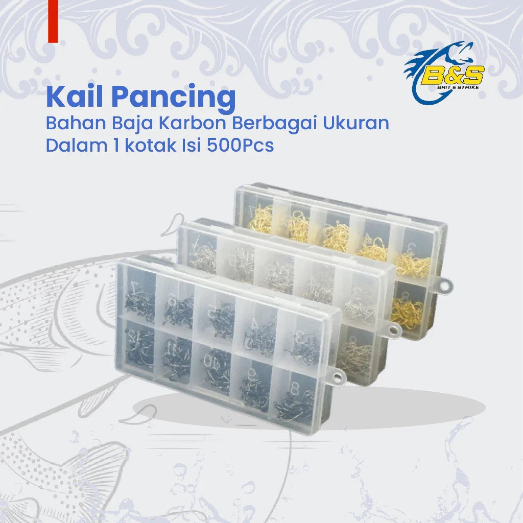 500pcs Kail Pancing Aneka Ukuran Bahan Baja Karbon Dengan Tali Pengait KUP153