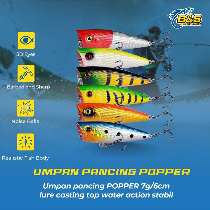 umpan pancing POPPER 7g/6cm lure casting top water action stabil LP153