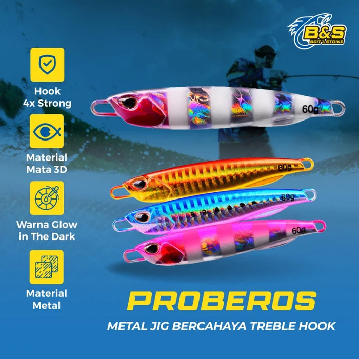 PROBEROS umpan pancing Metal Jig bercahaya 30g 40g 50g 60g dengan Treble Hook MJ068
