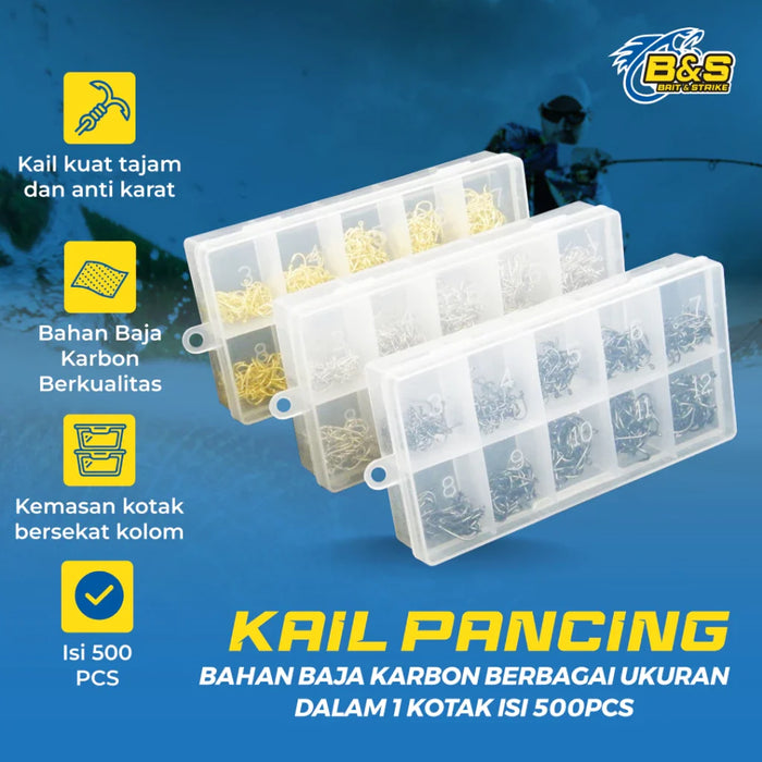 500pcs Kail Pancing Aneka Ukuran Bahan Baja Karbon Dengan Tali Pengait KUP153