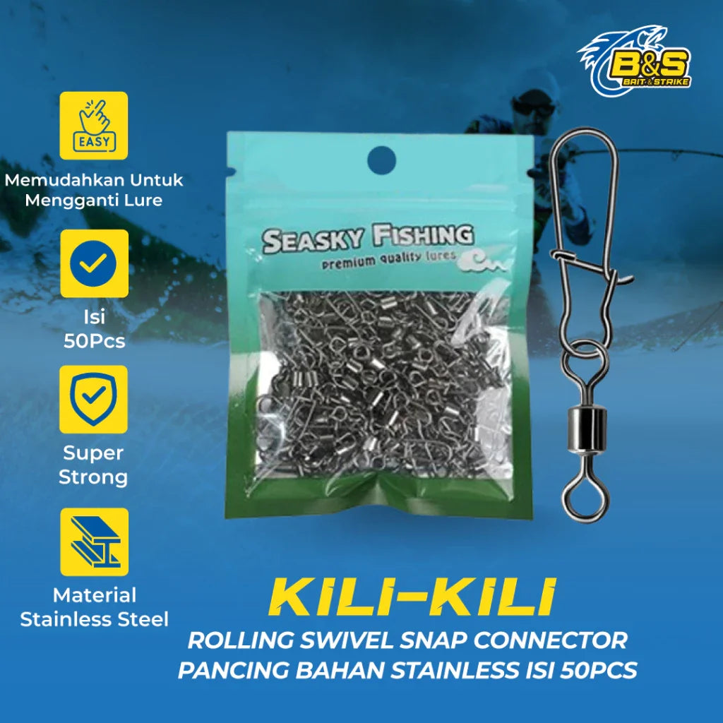 50 Pcs Kili-Kili Rolling Swivel Snap Connector Bahan Stainless Steel Fishing Gear KUP166