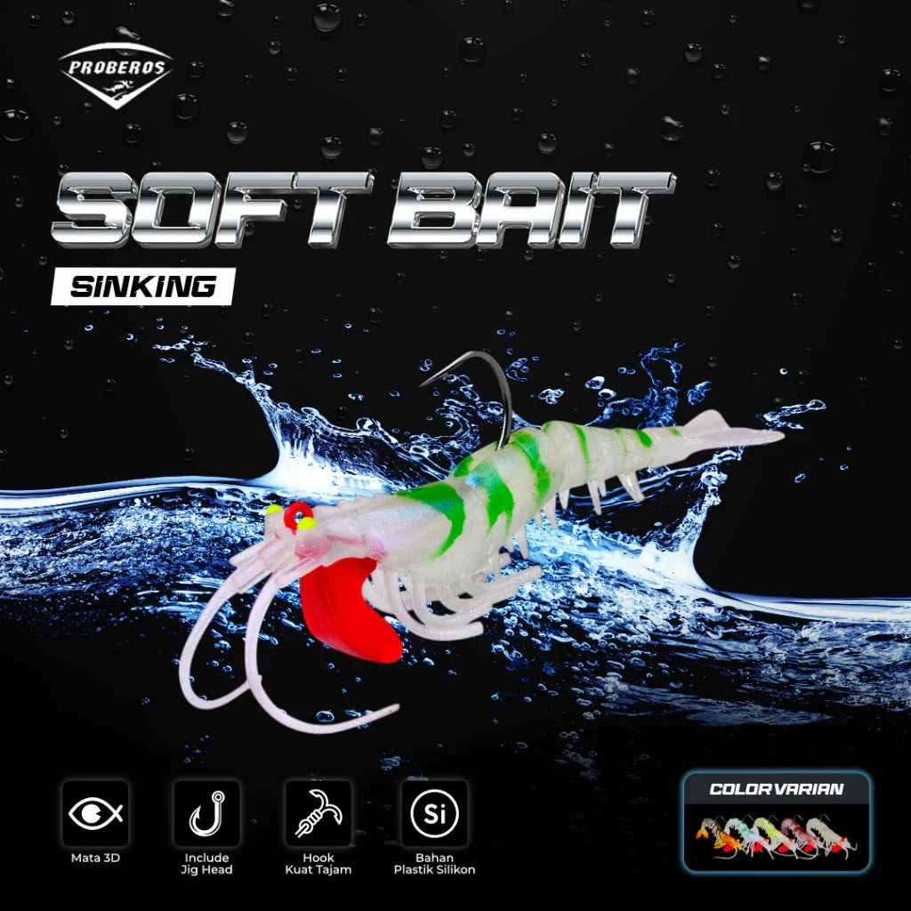 PROBEROS Umpan Pancing Soft Bait Bentuk Udang bahan Silikon Lembut dengan Kail Ukuran 6/9/13G LE125