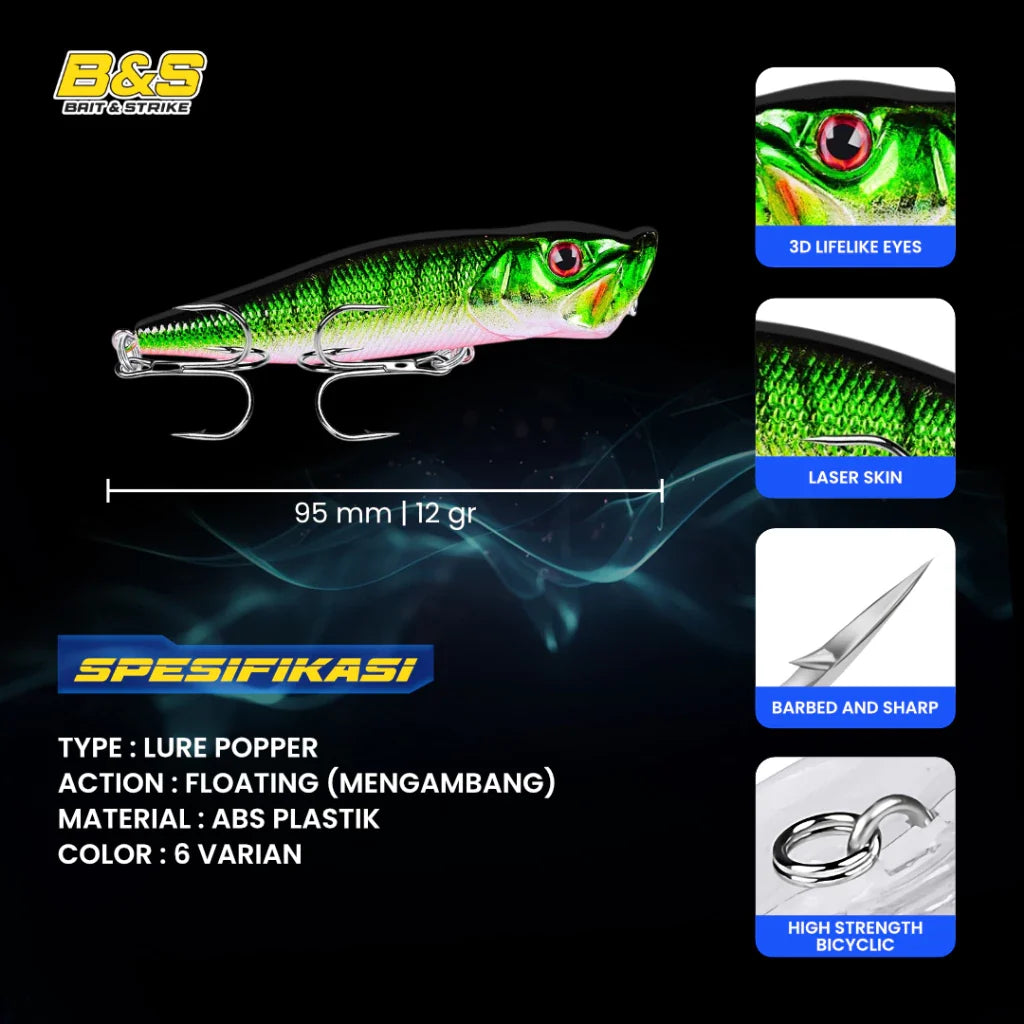 PROBEROS Umpan Pancing Lure Popper 9.5CM 12G Umpan Keras Plastik DW1002 LP004