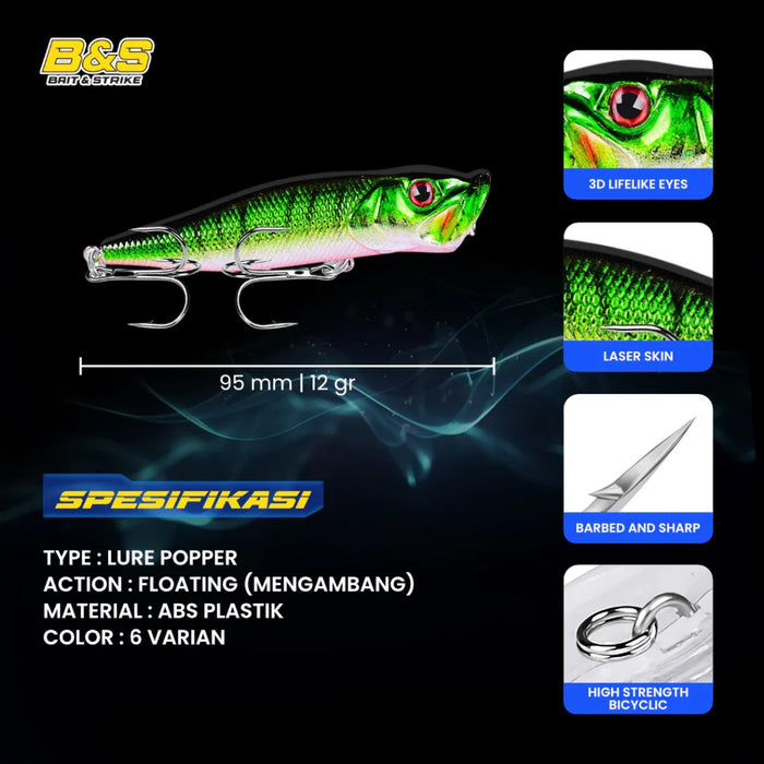 PROBEROS Umpan Pancing Lure Popper 9.5CM 12G Umpan Keras Plastik DW1002 LP004