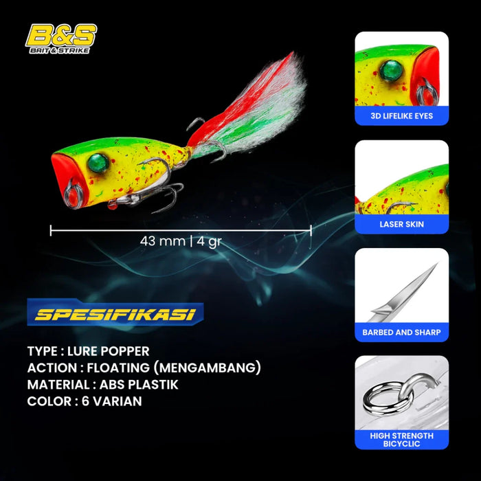 PROBEROS umpan mini popper 4G / 4.3cm lure mini popper hook berbulu killer LP005