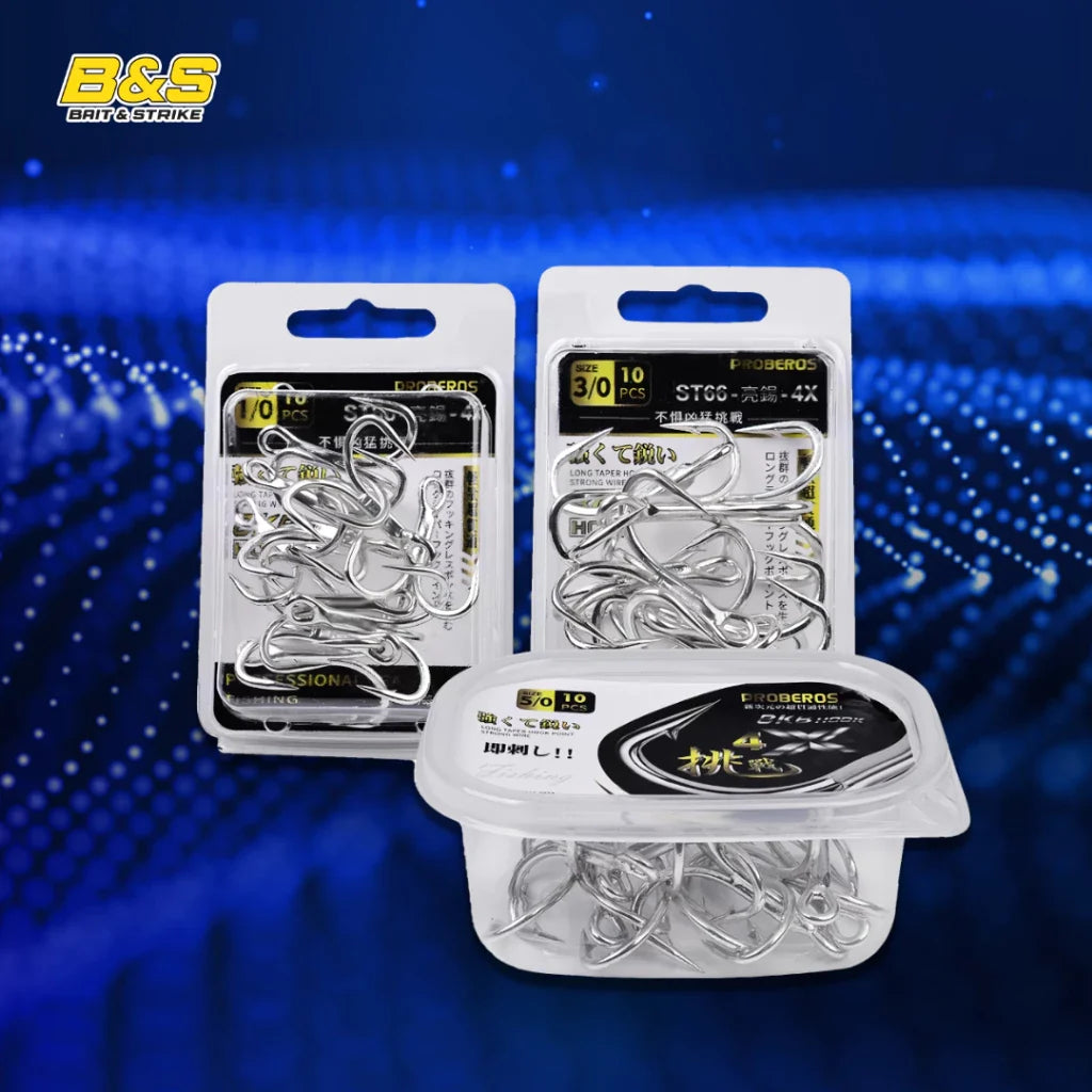 PROBEROS 10PCS Kail Pancing Besar Quadruple 4X Kekuatan 4#-5/0# Kail Pancing Bahan Carbon Steel Warna Terang KUP158