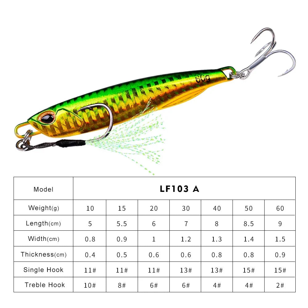 PROBEROS umpan pancing Metal Jig bercahaya 30g 40g 50g 60g dengan Treble Hook MJ068