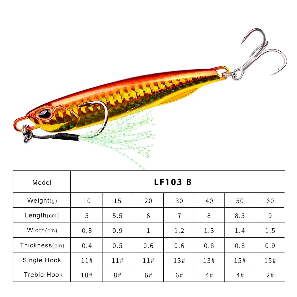 PROBEROS umpan pancing Metal Jig bercahaya 30g 40g 50g 60g dengan Treble Hook MJ068