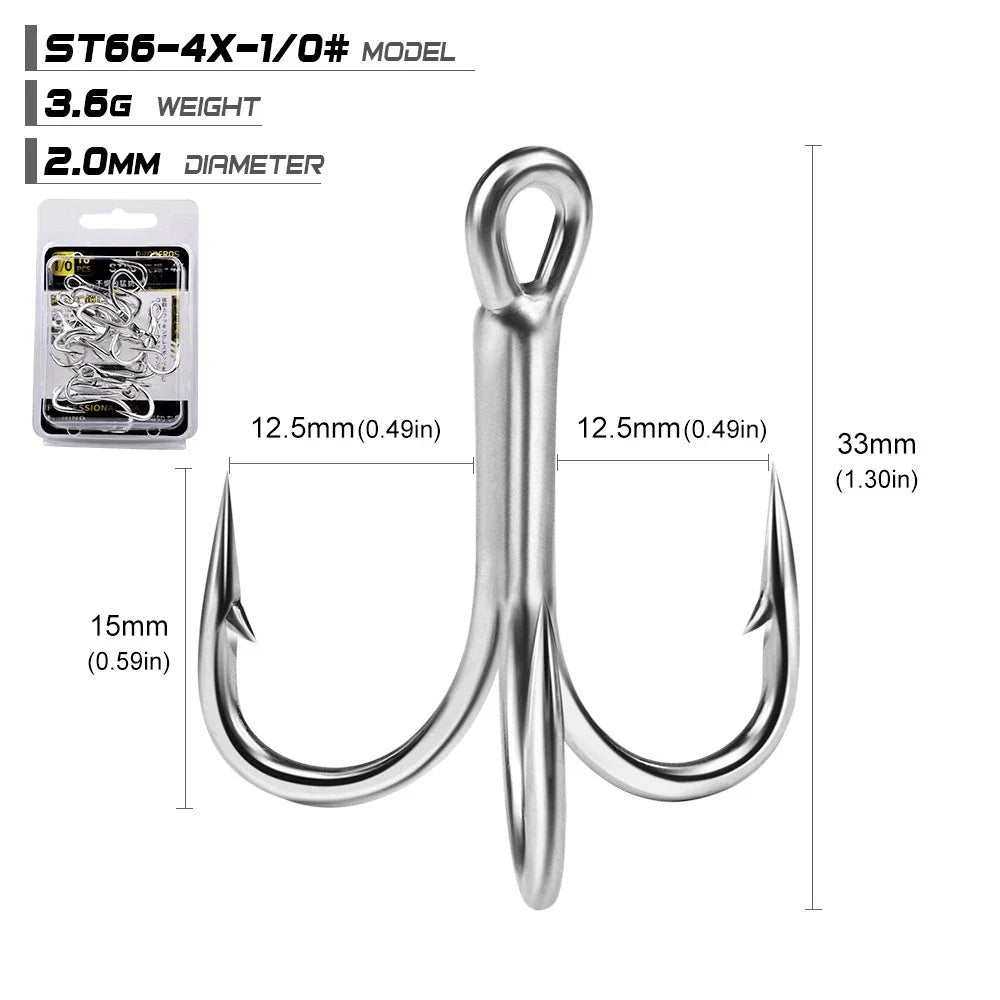 PROBEROS 10PCS Kail Pancing Besar Quadruple 4X Kekuatan 4#-5/0# Kail Pancing Bahan Carbon Steel Warna Terang KUP158