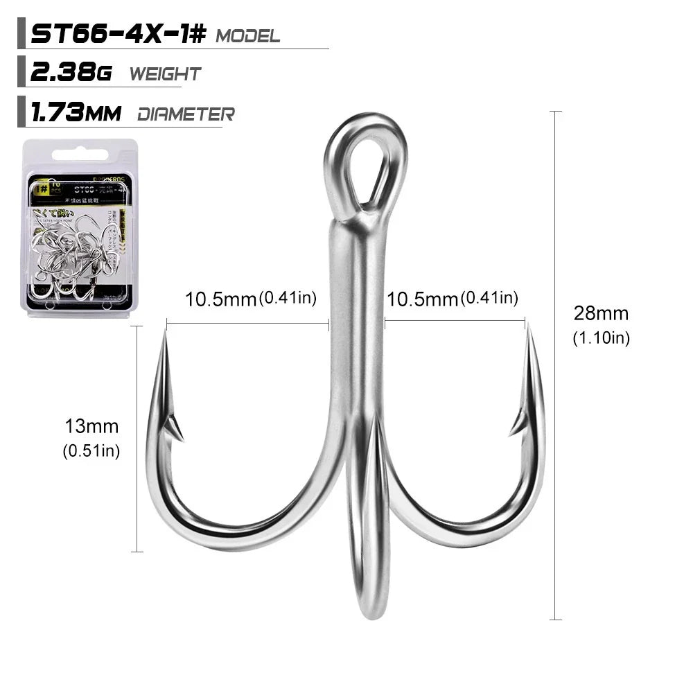 PROBEROS 10PCS Kail Pancing Besar Quadruple 4X Kekuatan 4#-5/0# Kail Pancing Bahan Carbon Steel Warna Terang KUP158