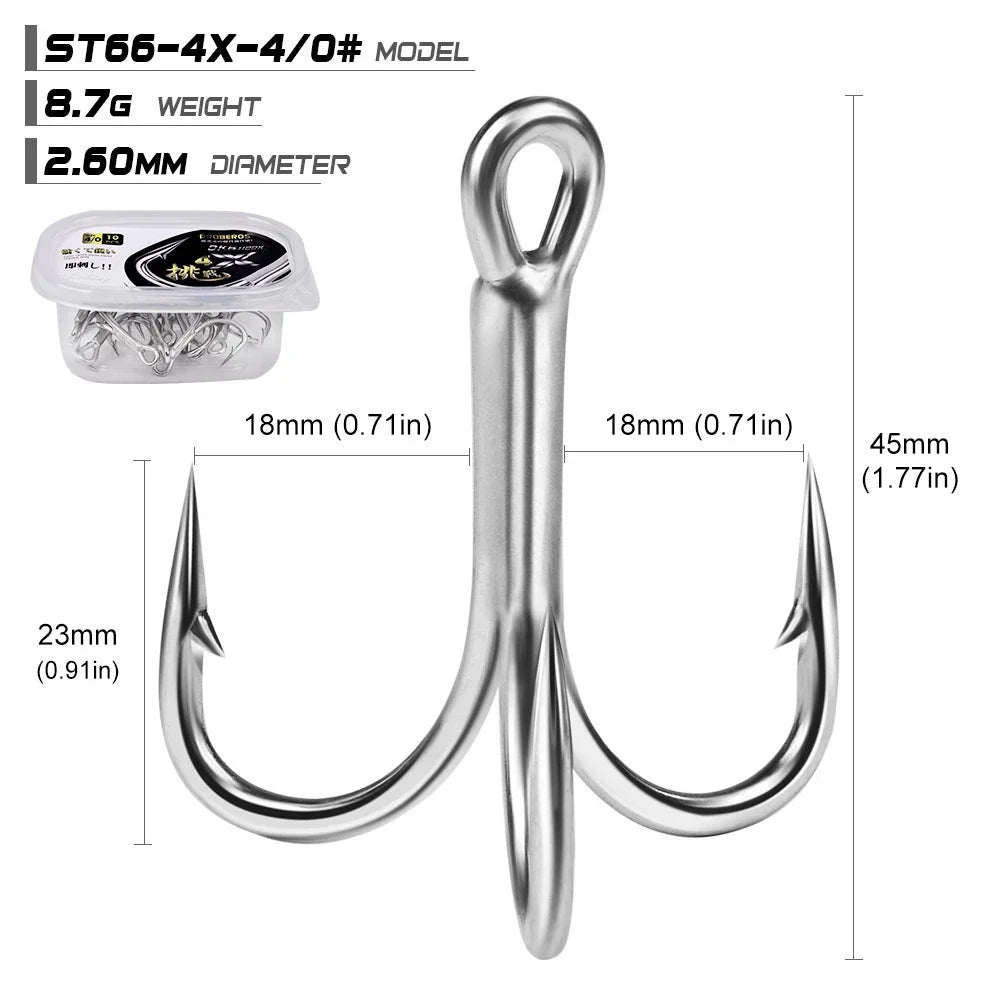 PROBEROS 10PCS Kail Pancing Besar Quadruple 4X Kekuatan 4#-5/0# Kail Pancing Bahan Carbon Steel Warna Terang KUP158