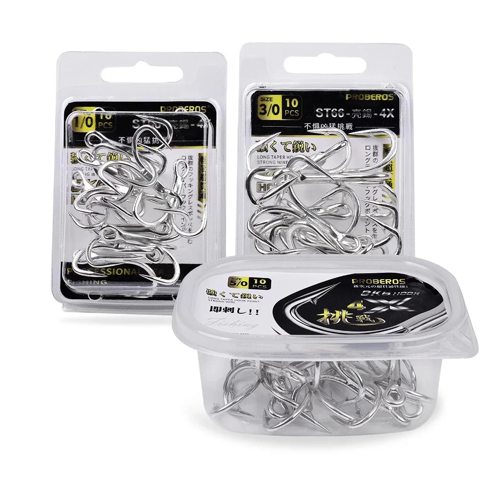PROBEROS 10PCS Kail Pancing Besar Quadruple 4X Kekuatan 4#-5/0# Kail Pancing Bahan Carbon Steel Warna Terang KUP158